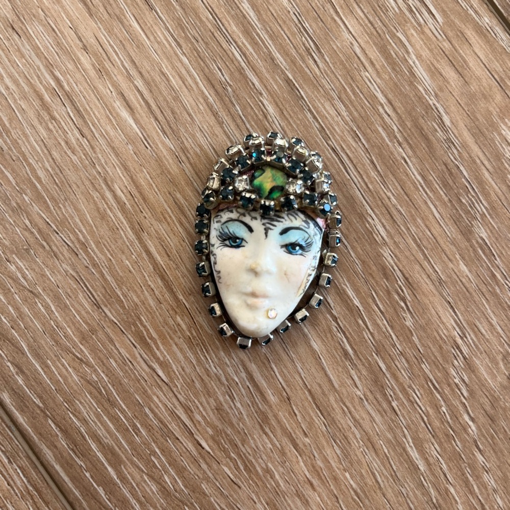 Vintage Porcelain Flapper Face Brooch Blue Eyes Blue Rhinestones